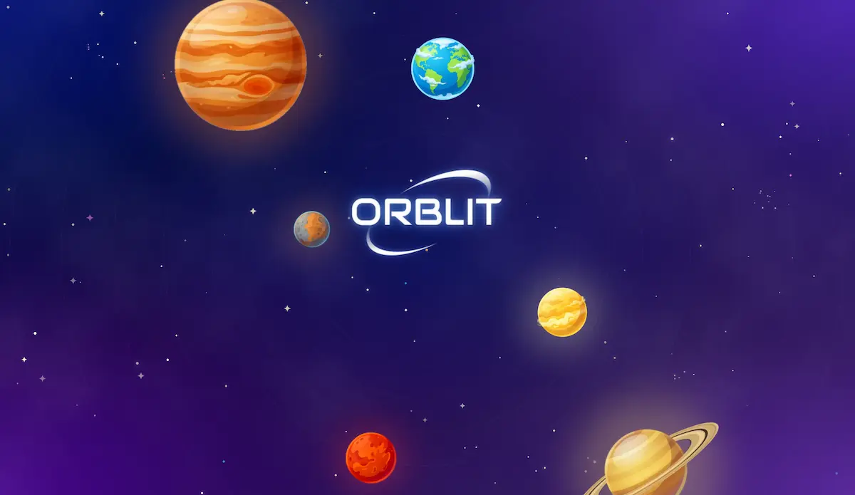 Orblit intro: planets fly past and the logo swings into orbit